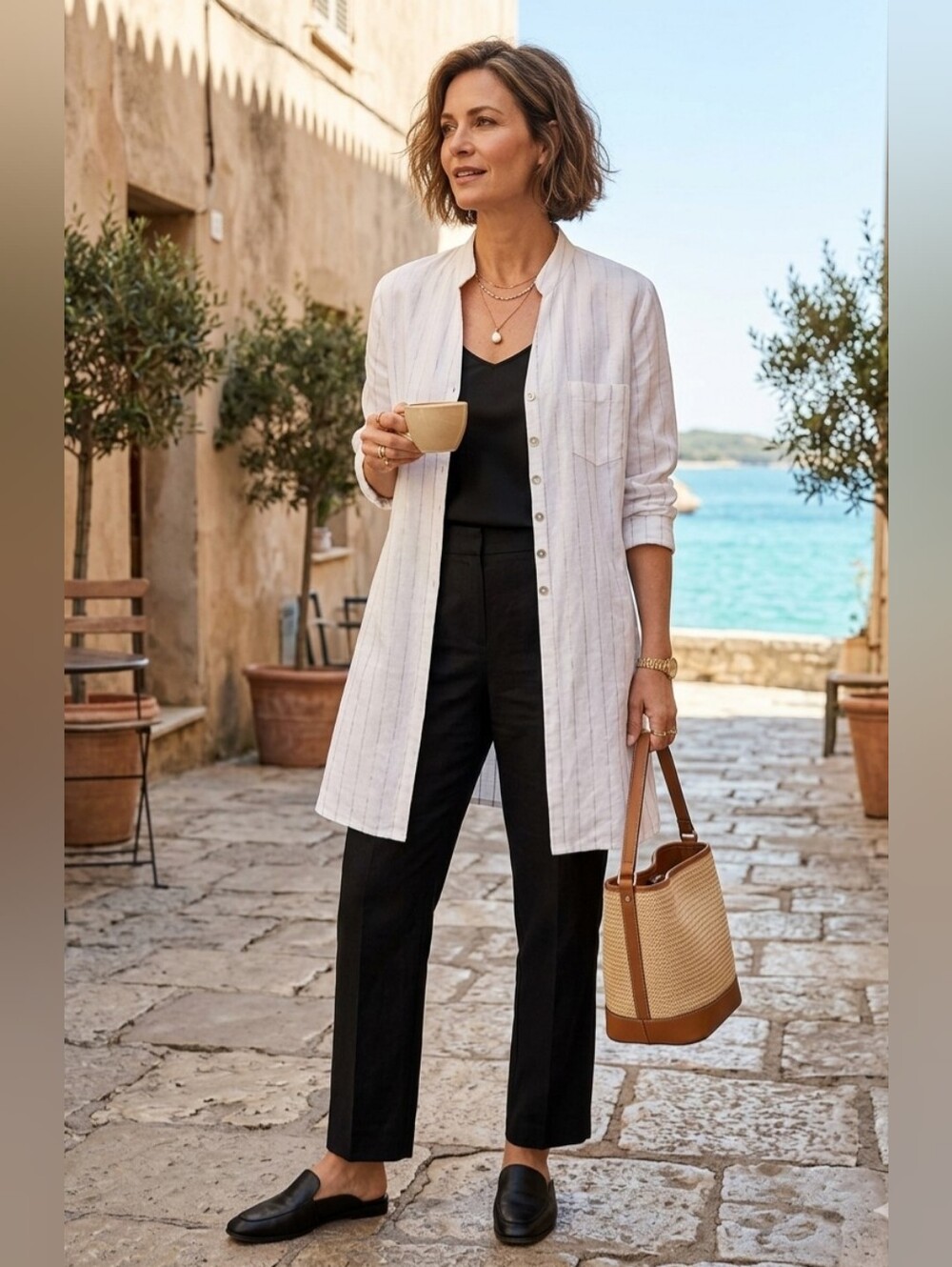 Chicos Lightweight White Button-Up Linen & Metalic Stipe Tunic / Cardigan Shirt
